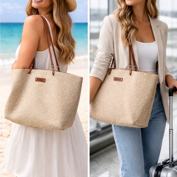 Handbags - Floral Print Tote Bag with Leather “Victoria” Tag & Zip Pouch